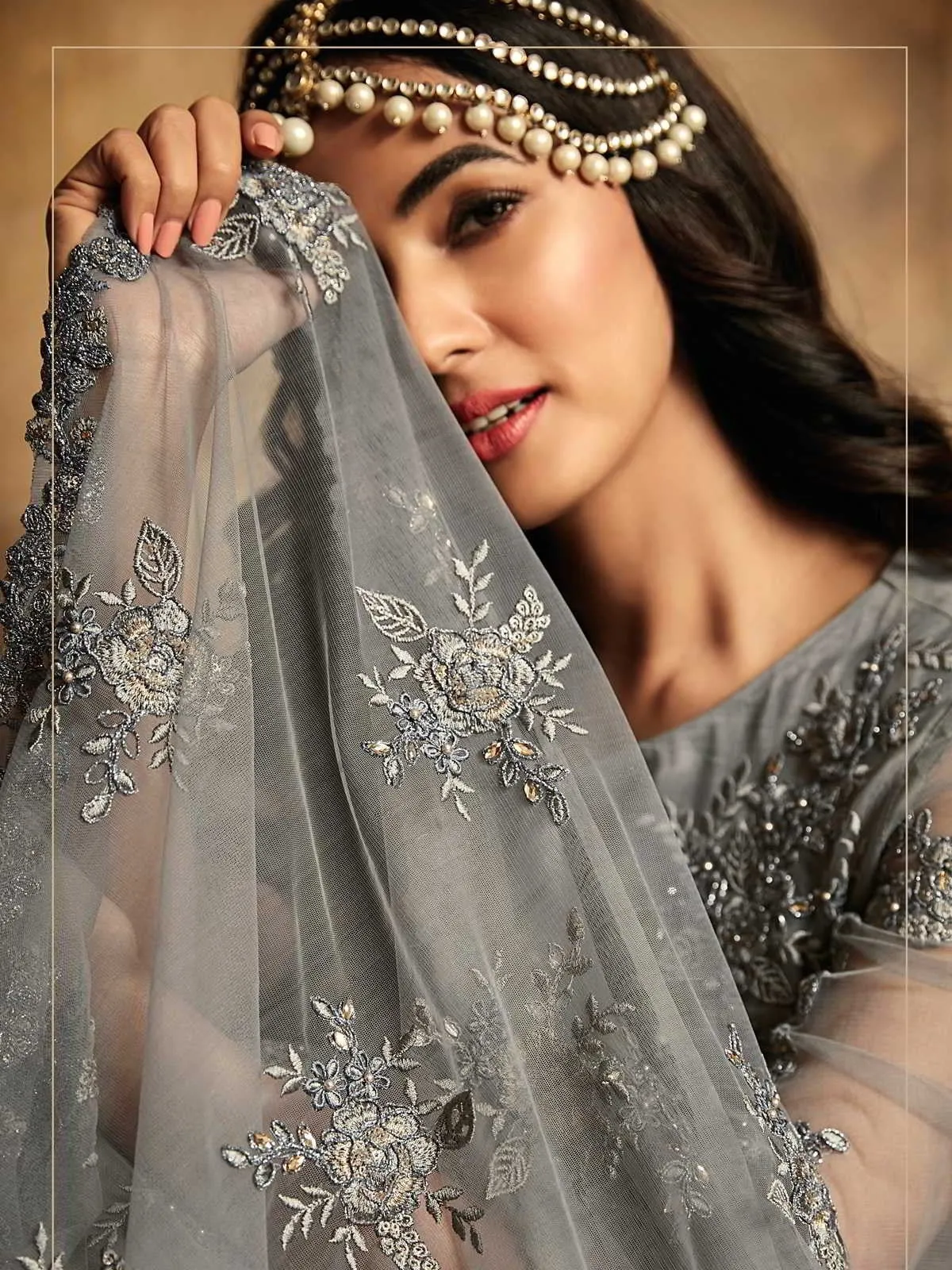 Grey Overall Floral Embroidered Designer Anarkali Suit