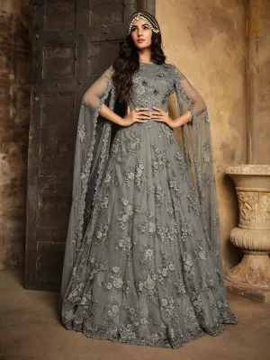 Grey Overall Floral Embroidered Designer Anarkali Suit