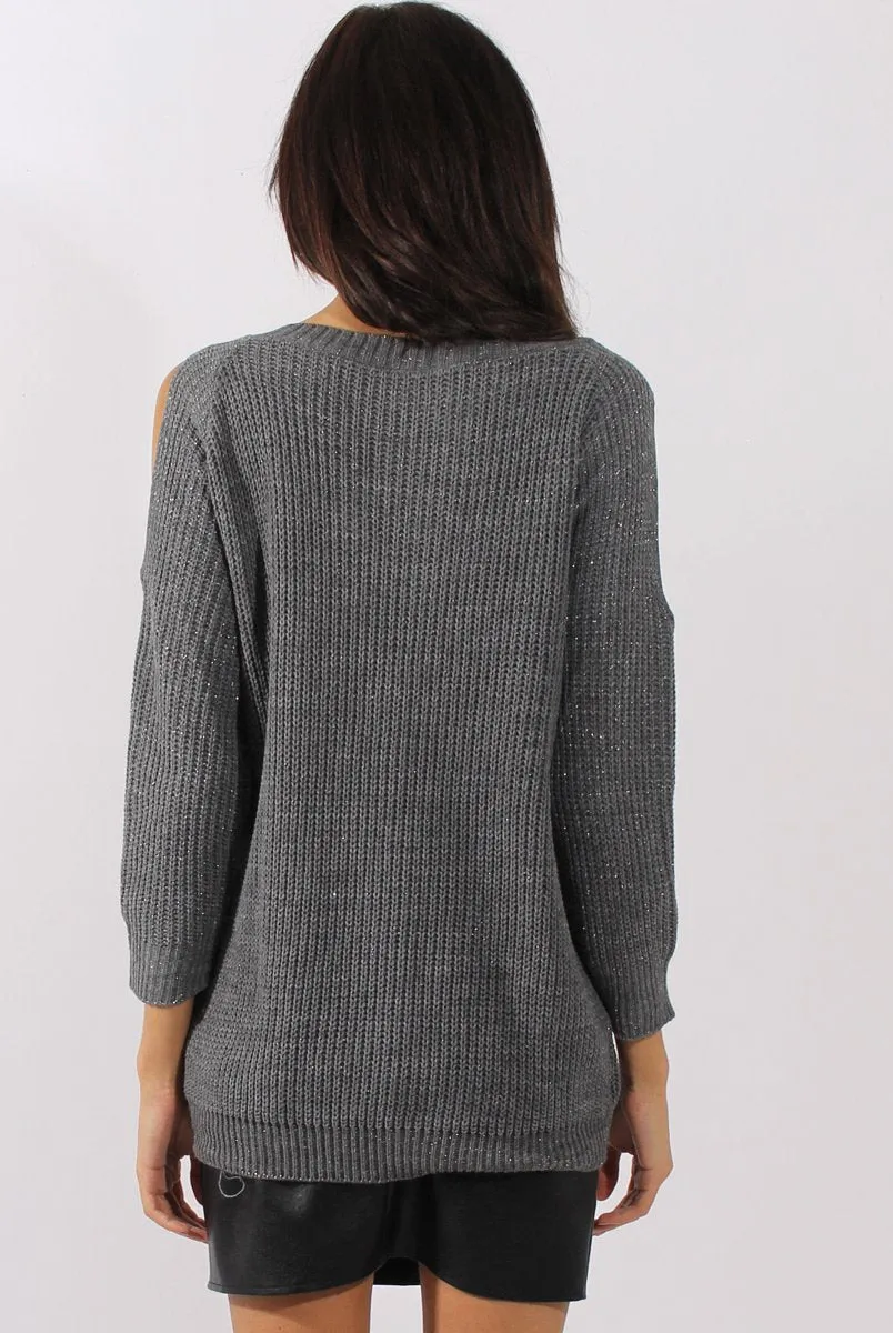 Grey Sparkle Knitted Cold Shoulder Jumper - May
