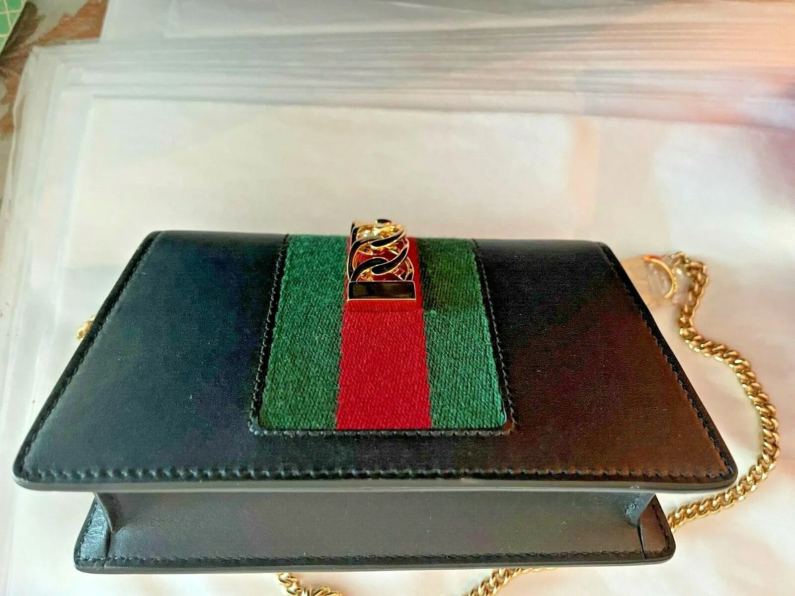 Gucci Black Leather Small Mini Gold Chain Handbag Bag Sylvie Super Web Italy NEW