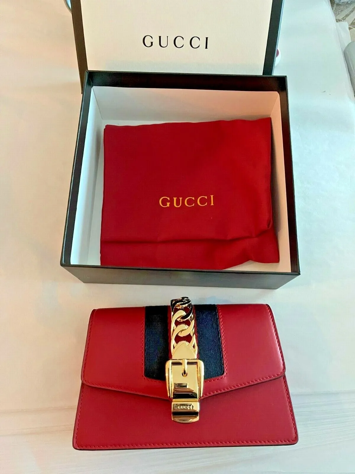 Gucci Black Leather Small Mini Gold Chain Handbag Bag Sylvie Super Web Italy NEW