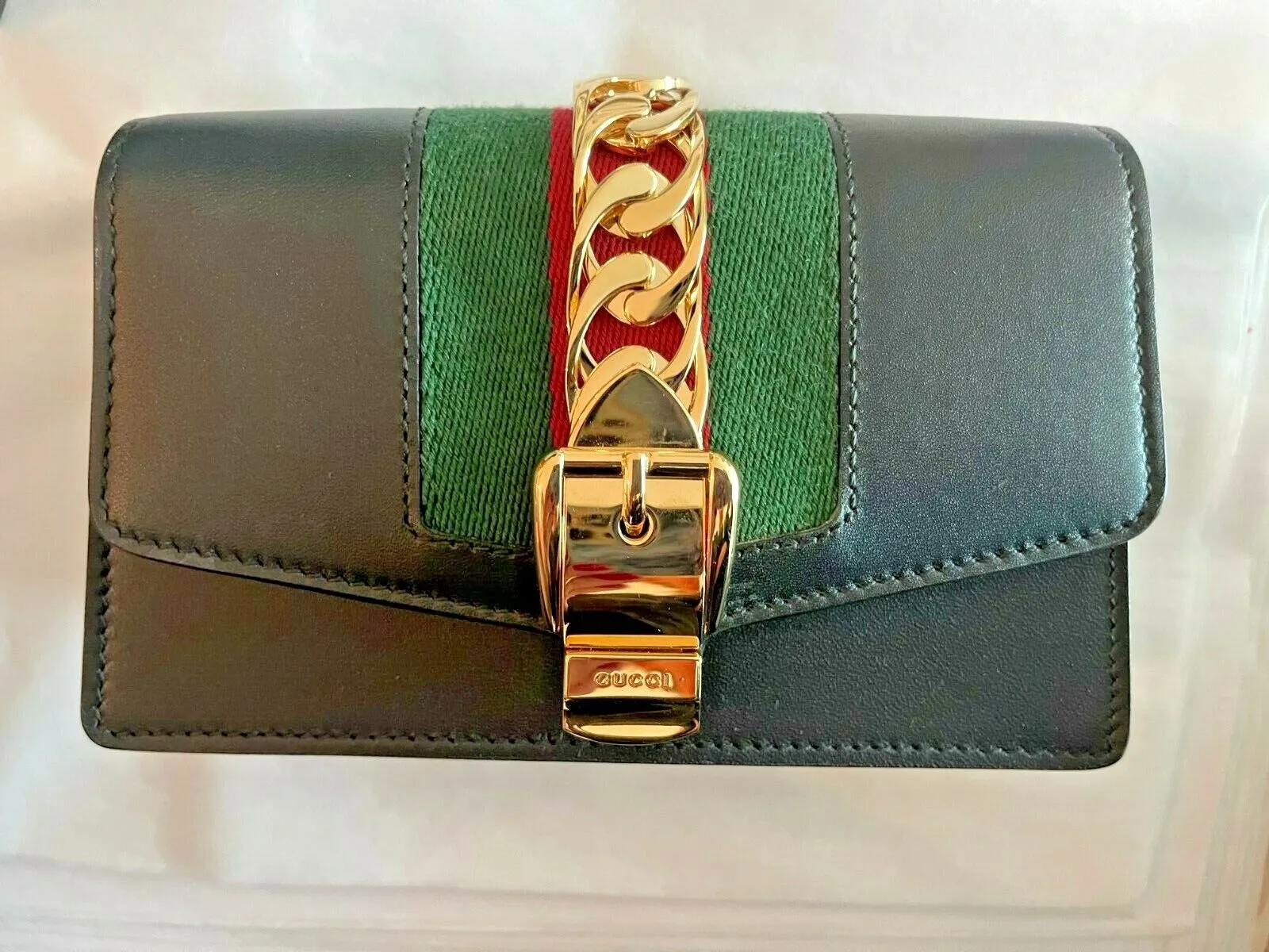 Gucci Black Leather Small Mini Gold Chain Handbag Bag Sylvie Super Web Italy NEW