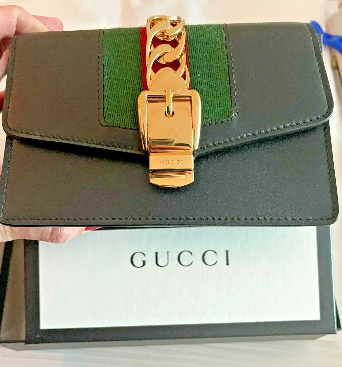 Gucci Black Leather Small Mini Gold Chain Handbag Bag Sylvie Super Web Italy NEW