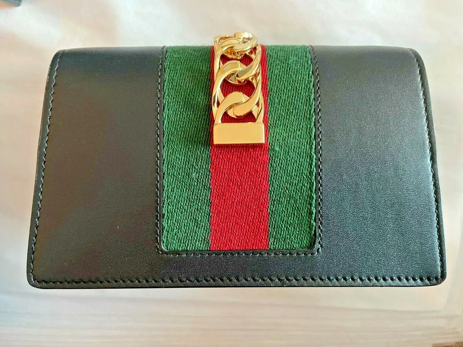 Gucci Black Leather Small Mini Gold Chain Handbag Bag Sylvie Super Web Italy NEW