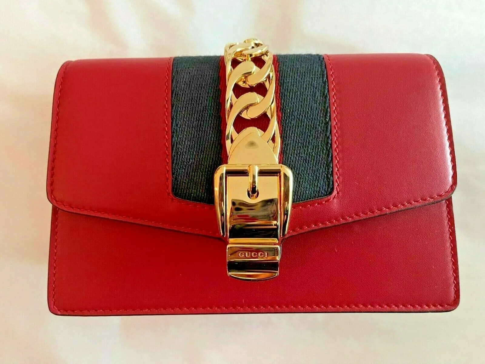 Gucci Black Leather Small Mini Gold Chain Handbag Bag Sylvie Super Web Italy NEW