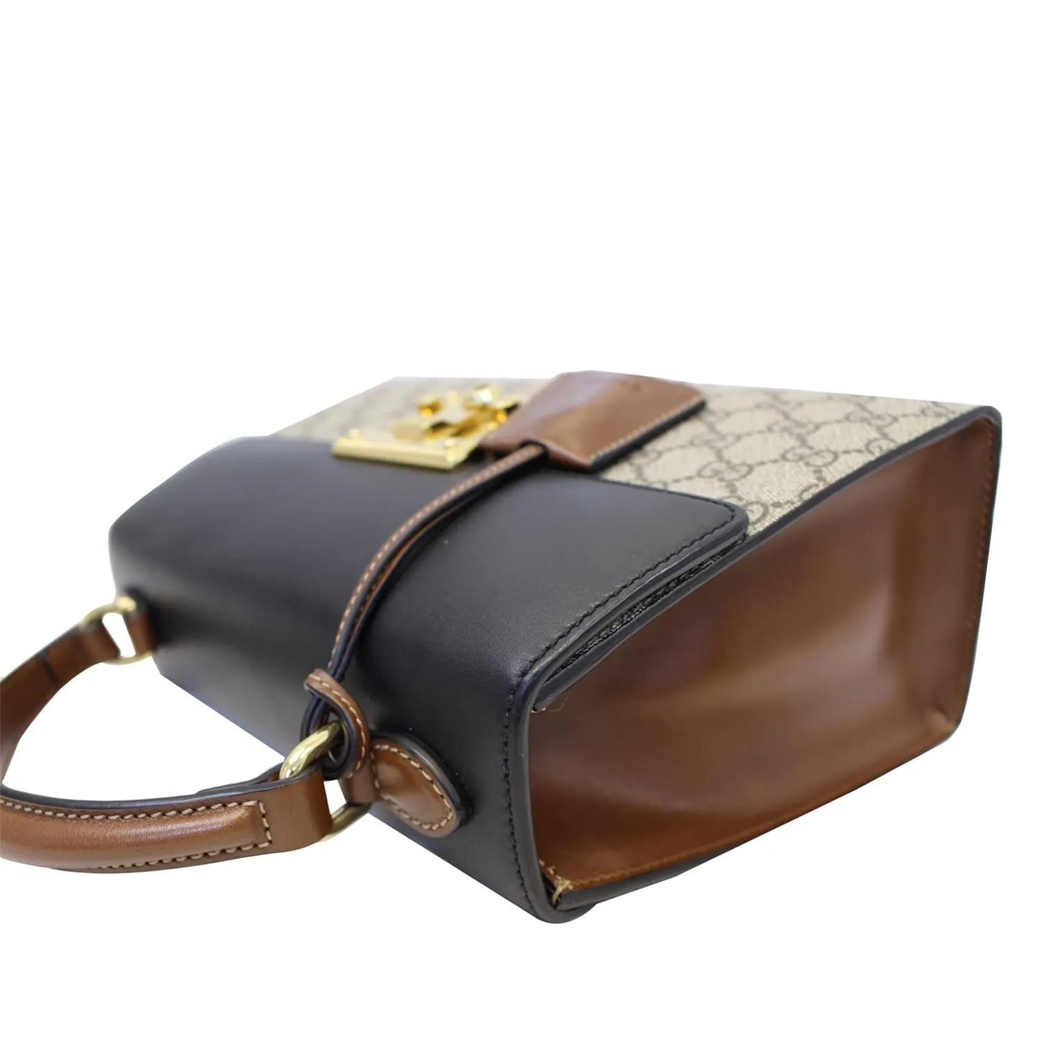 GUCCI Small Padlock GG Supreme Monogram Top Handle Crossbody Bag Beige