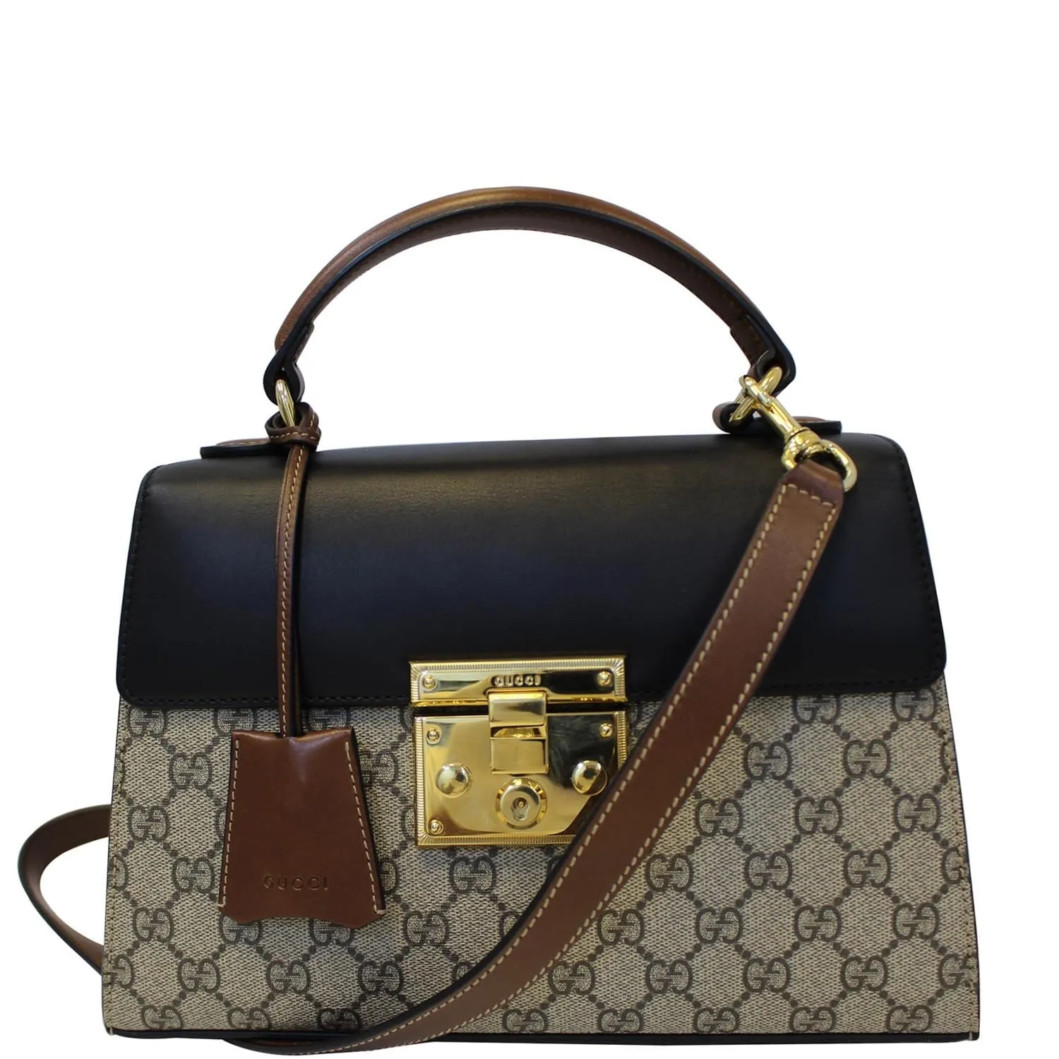 GUCCI Small Padlock GG Supreme Monogram Top Handle Crossbody Bag Beige