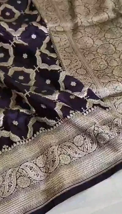 Handloom Pure Banarasi Khaddi Katan Kadhuwa Silk Cowkadi Flowers Designer Saree