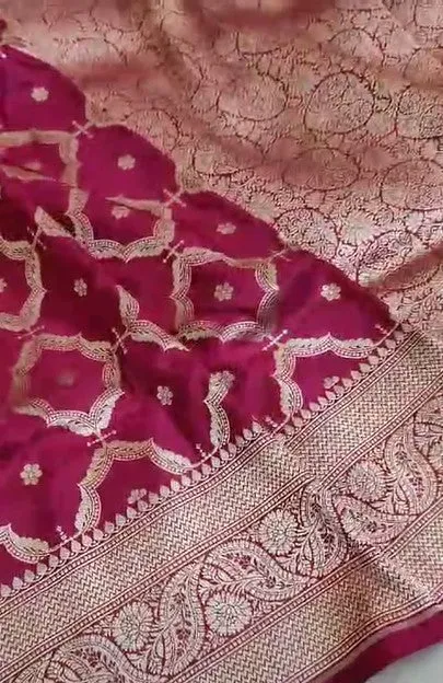 Handloom Pure Banarasi Khaddi Katan Kadhuwa Silk Cowkadi Flowers Designer Saree