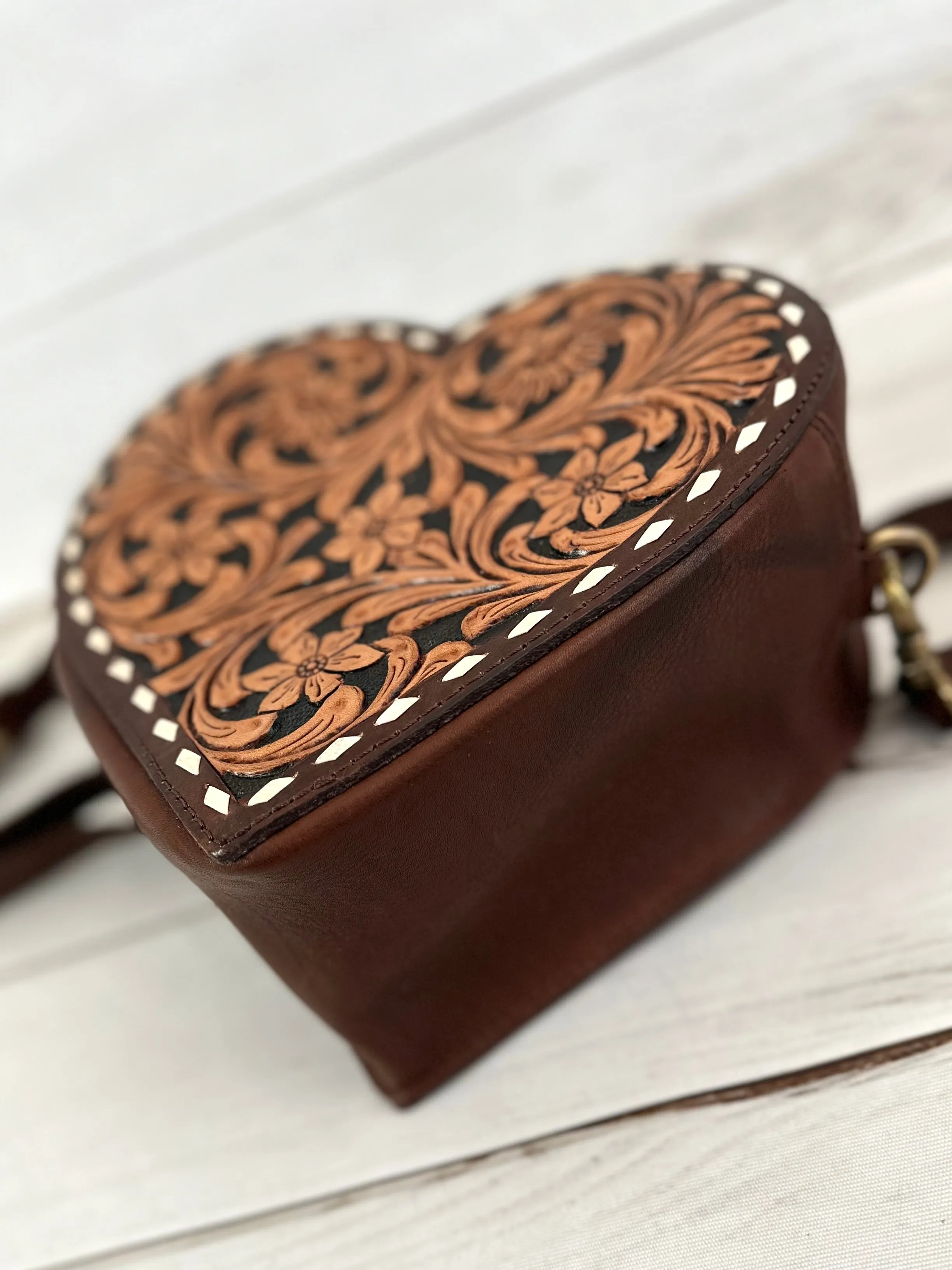 Heart Shaped Leather Tooled Canteen Bag
