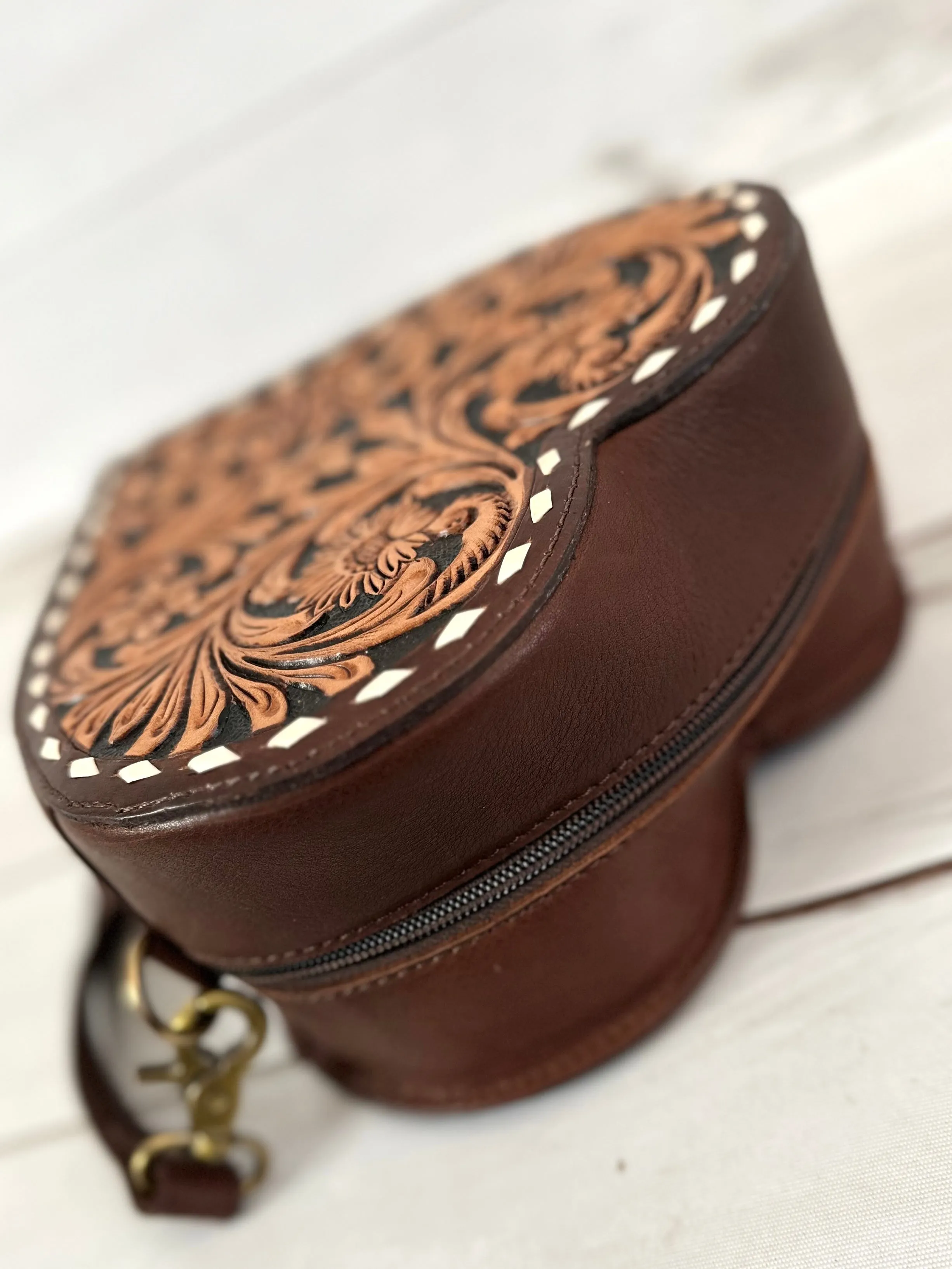 Heart Shaped Leather Tooled Canteen Bag