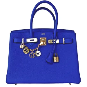 Hermes Blue Electric 30cm Togo Birkin Gold GHW Satchel Bag Spectacular