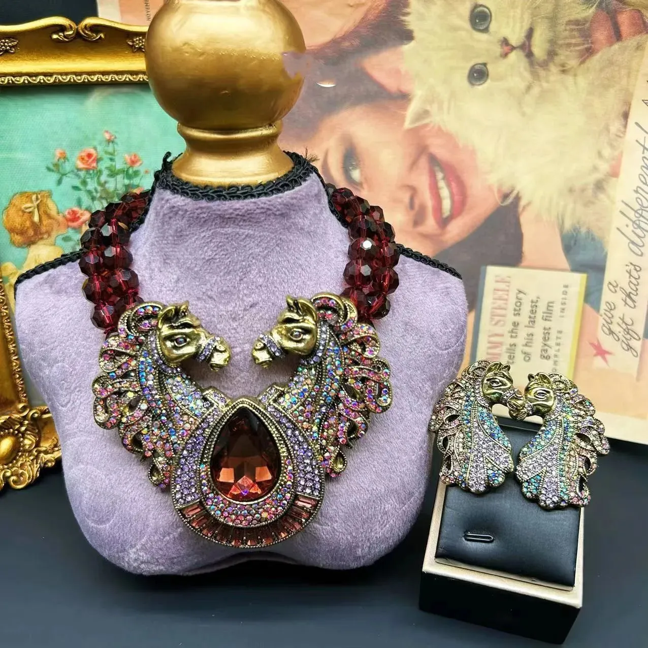 horse Drop exaggerated necklace earrings