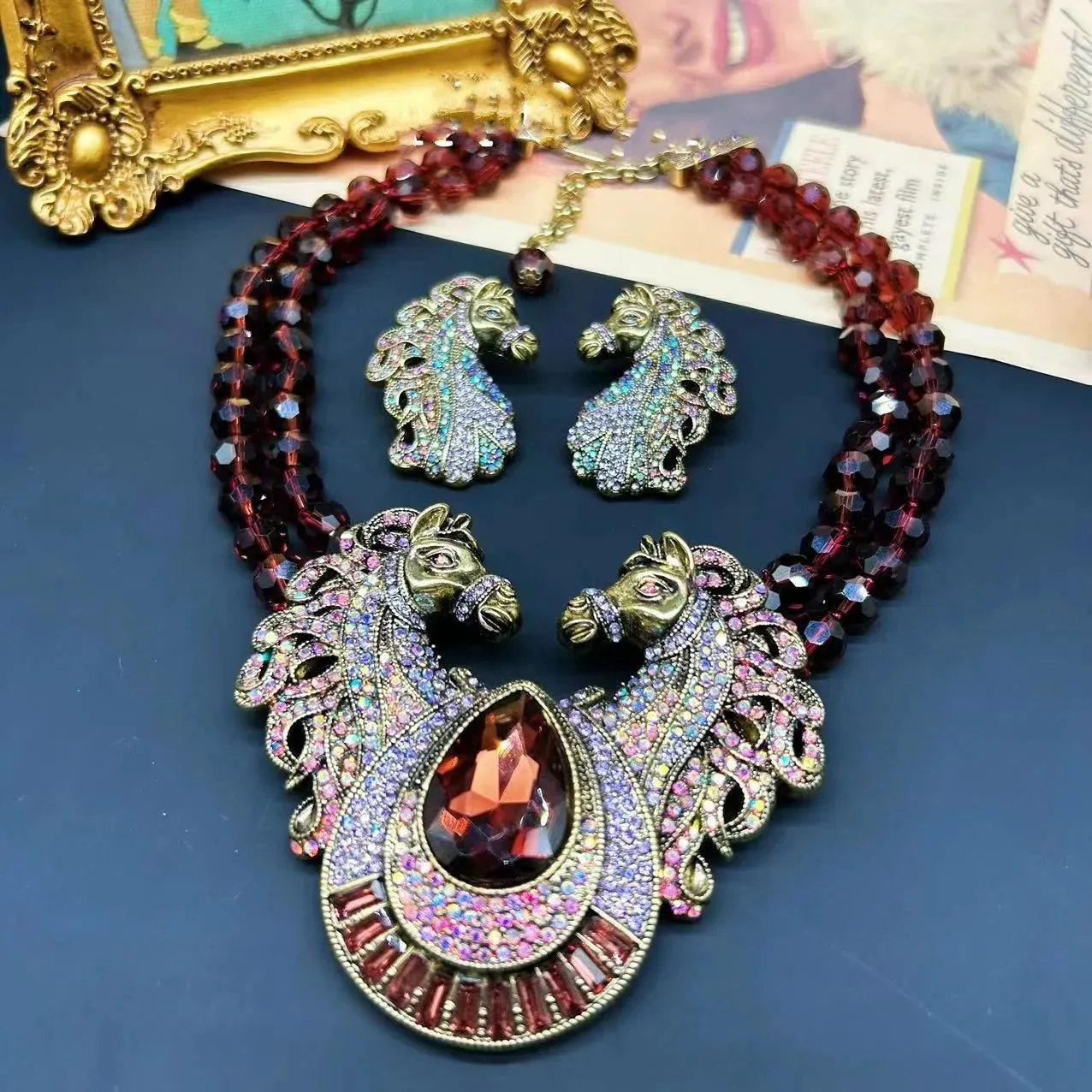 horse Drop exaggerated necklace earrings