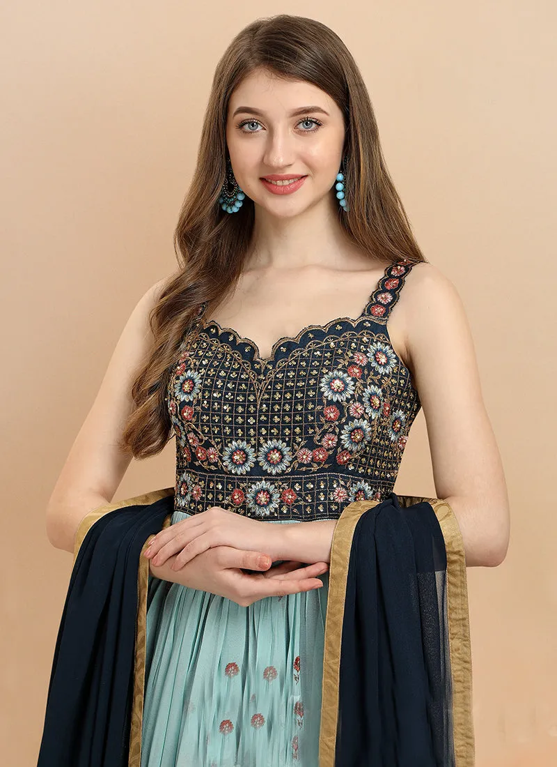 Indigo Blue Embroidered Shaded Georgette Anarkali Gown