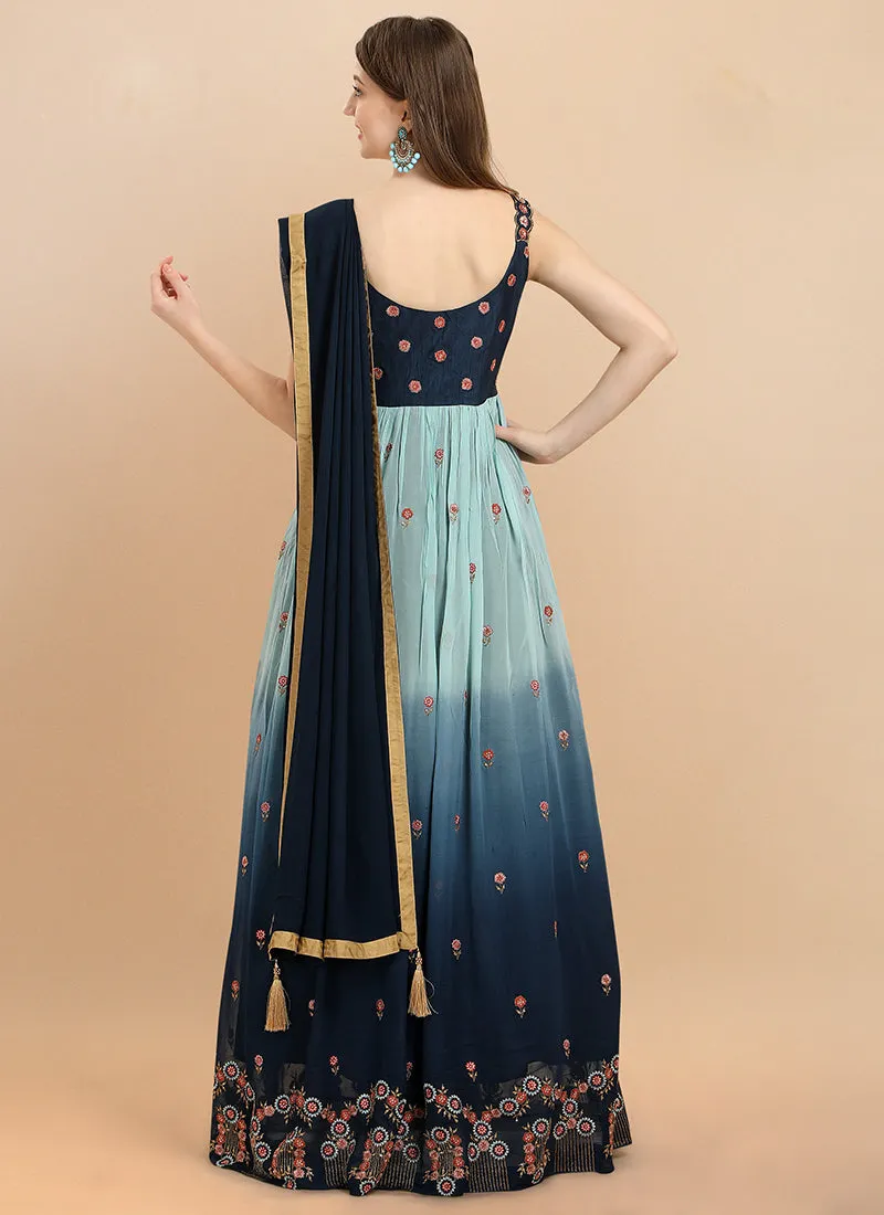 Indigo Blue Embroidered Shaded Georgette Anarkali Gown