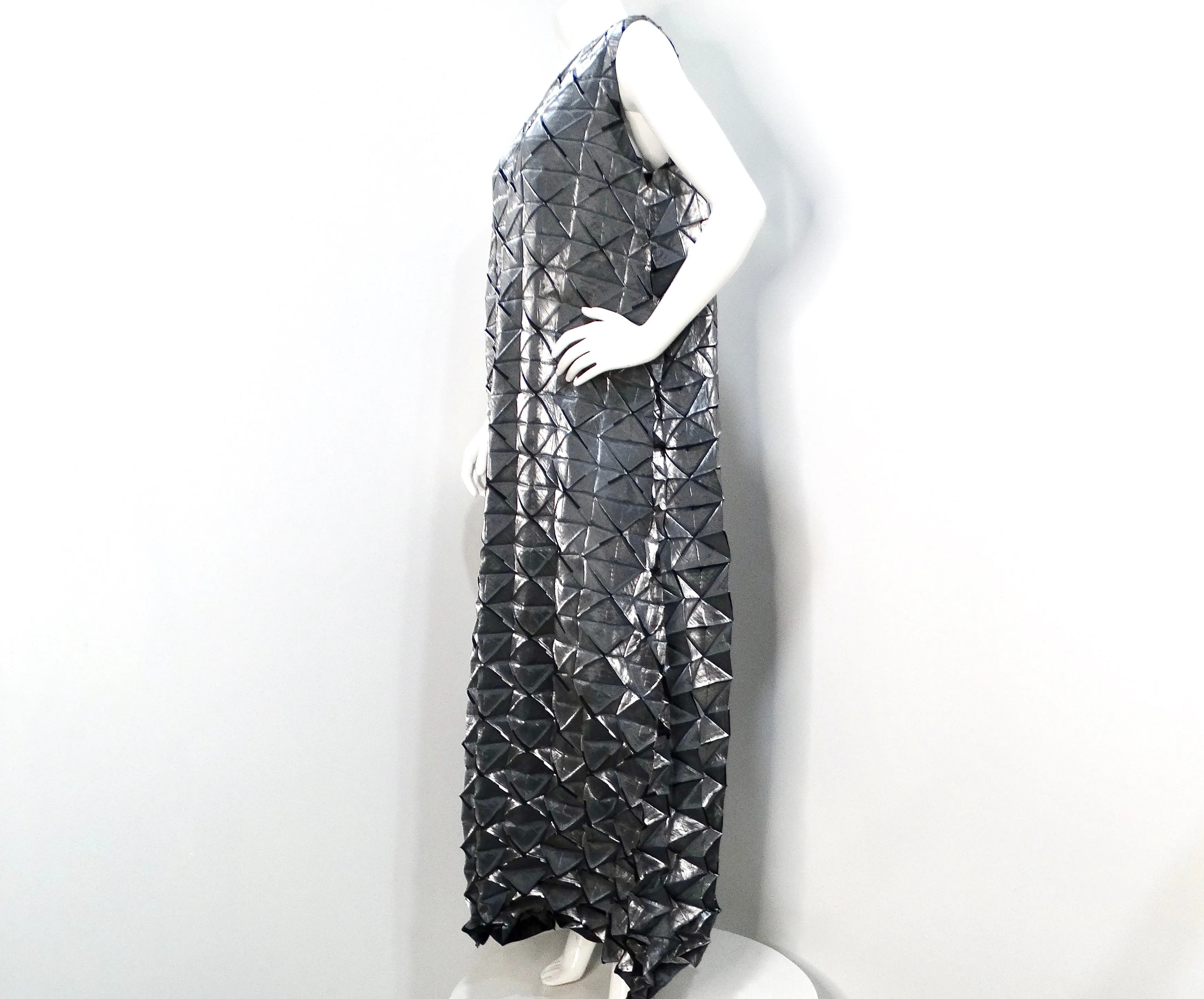 Issey Miyake 1990s Silver Frost Geometric Pleated Sleeveless Maxi Dress