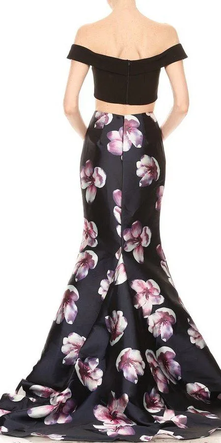J&J Fashion 3054 Floral Skirt Crop Top Two-Piece Prom Gown