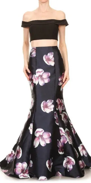 J&J Fashion 3054 Floral Skirt Crop Top Two-Piece Prom Gown