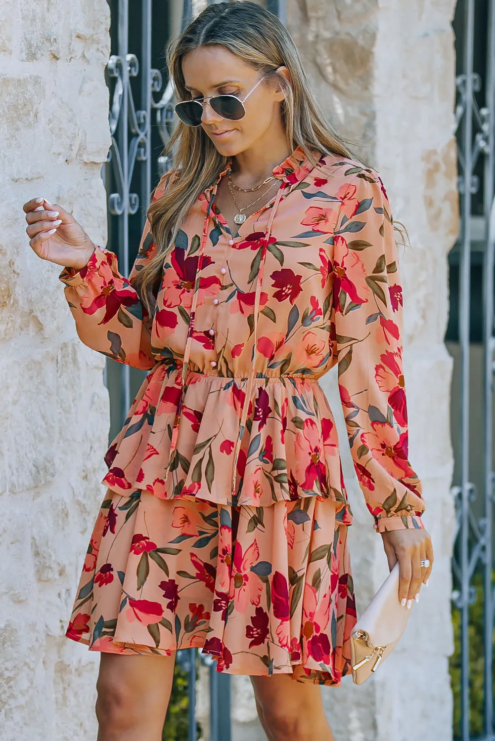 Jodie Floral Tie Neck Long Sleeve Layered Dress