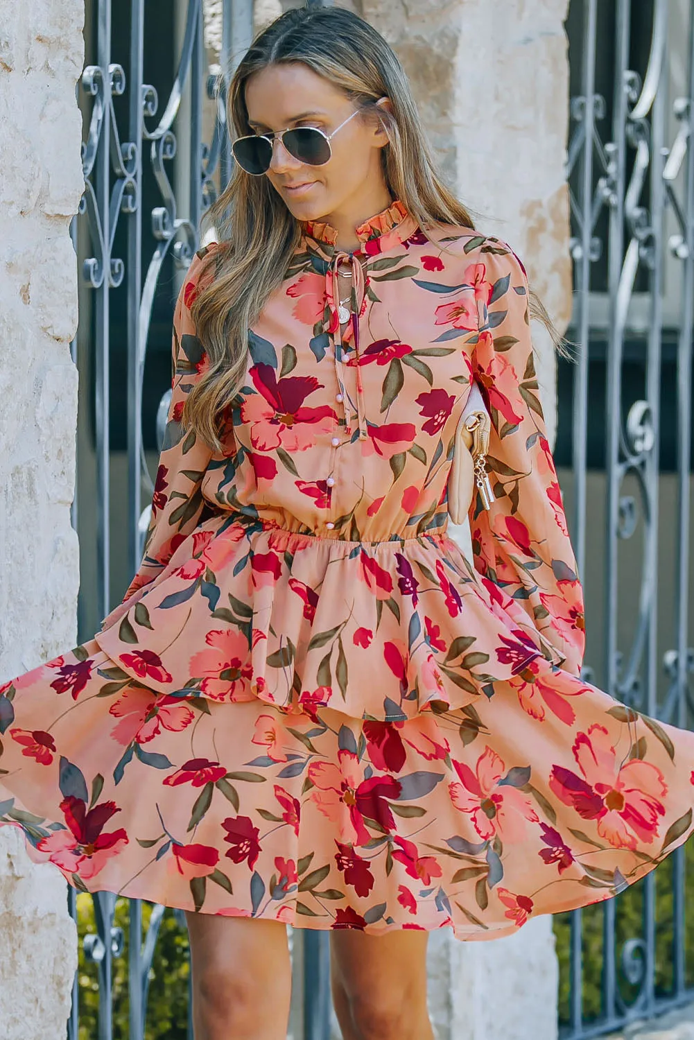 Jodie Floral Tie Neck Long Sleeve Layered Dress