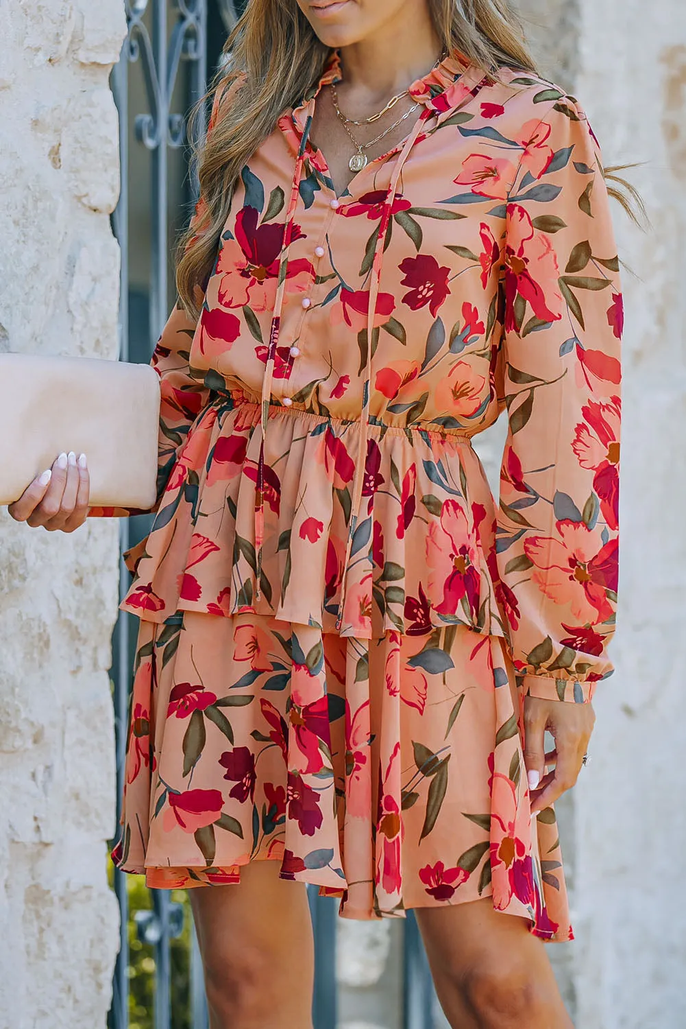 Jodie Floral Tie Neck Long Sleeve Layered Dress