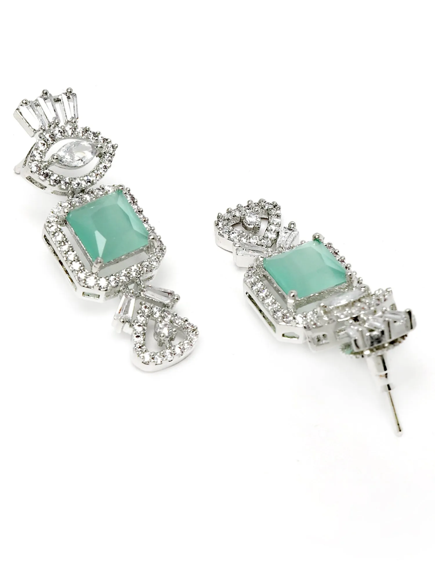 Karatcart Silver Plated Light Green Square Shape Cubic Zirconia Necklace Set for Women