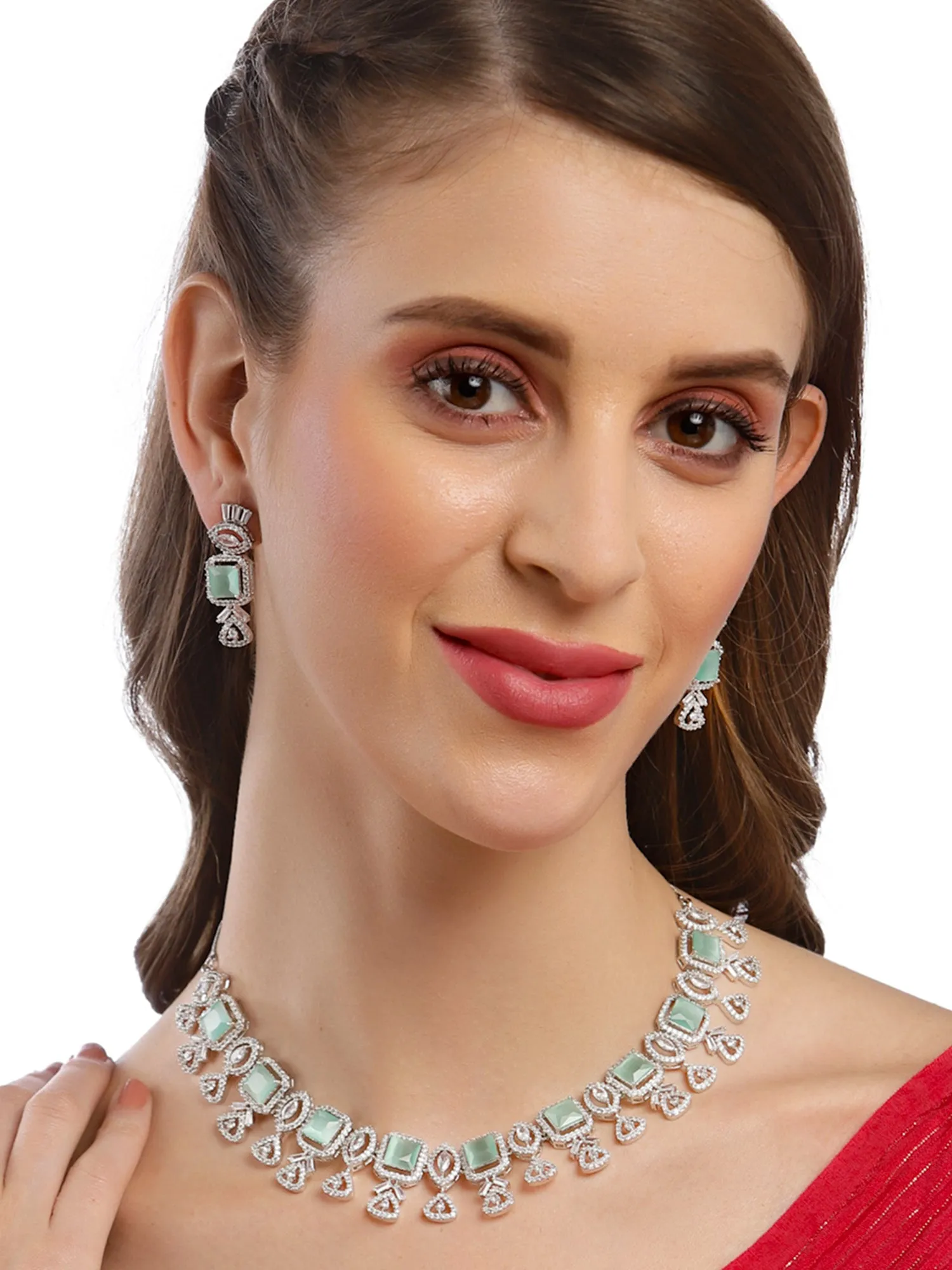 Karatcart Silver Plated Light Green Square Shape Cubic Zirconia Necklace Set for Women