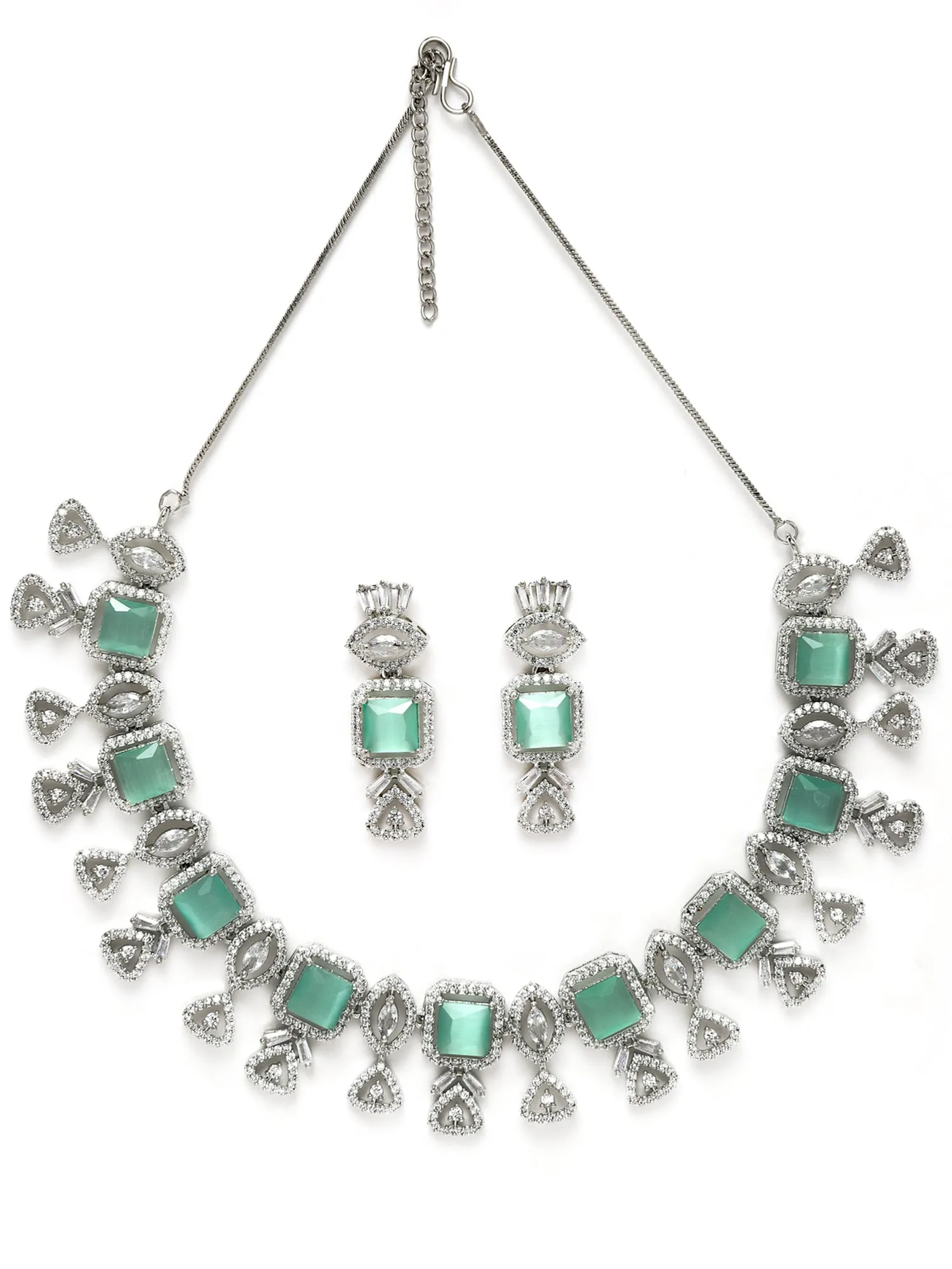 Karatcart Silver Plated Light Green Square Shape Cubic Zirconia Necklace Set for Women