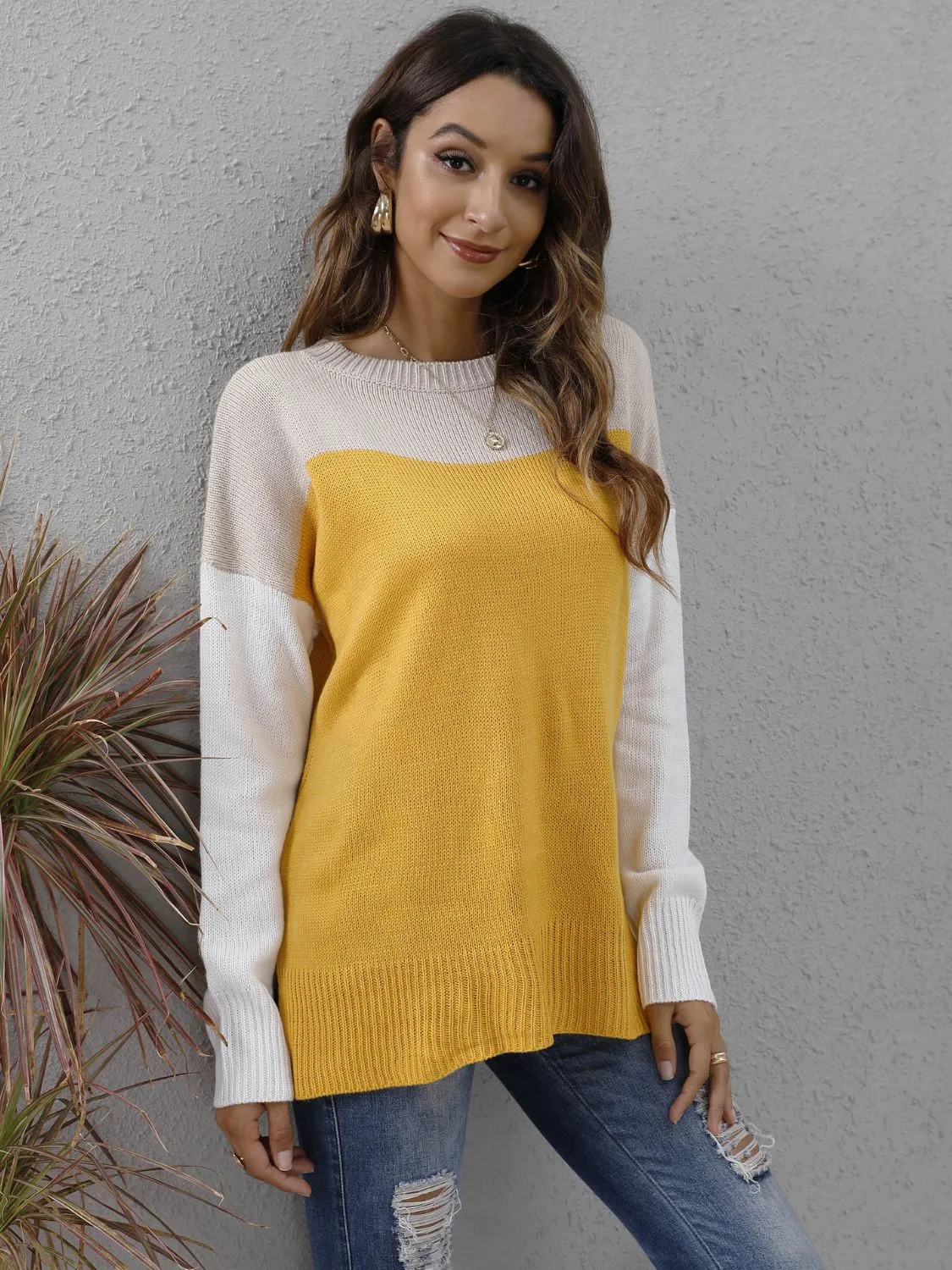 Kristian Color Block Round Neck Dropped Shoulder Sweater