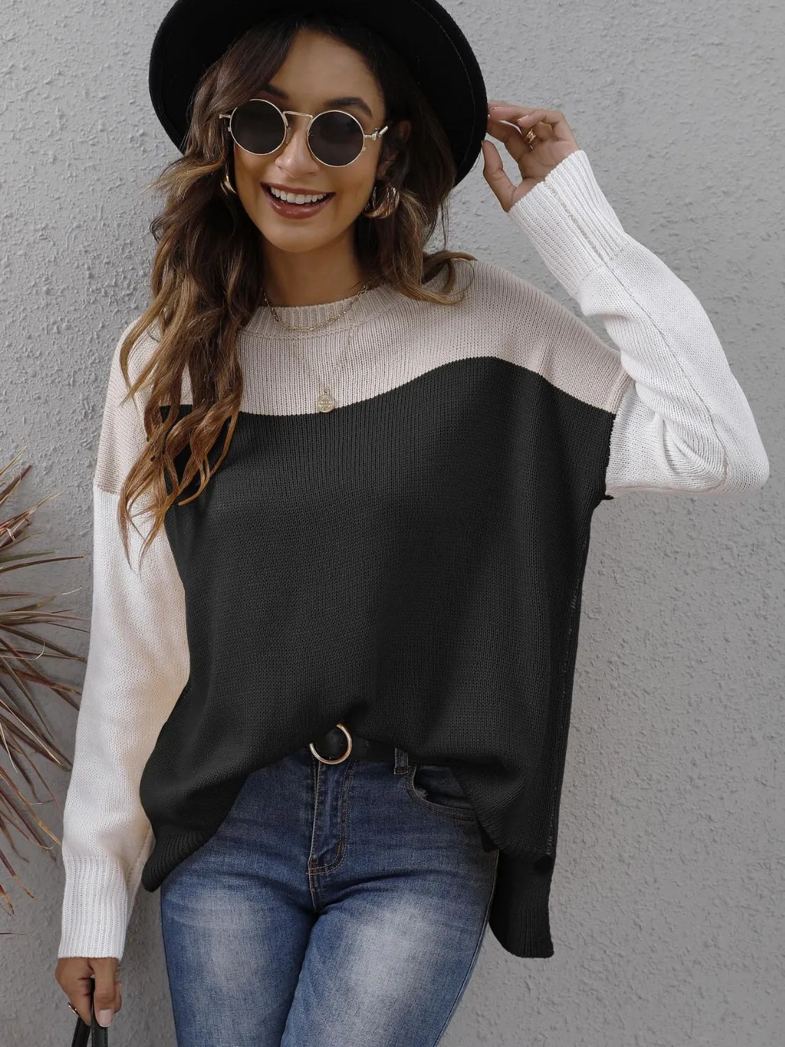 Kristian Color Block Round Neck Dropped Shoulder Sweater