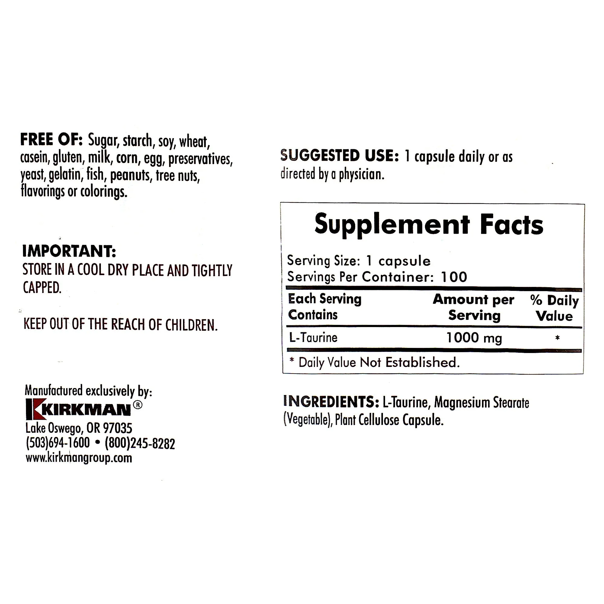 L-Taurine 1000mg - Hypoallergenic