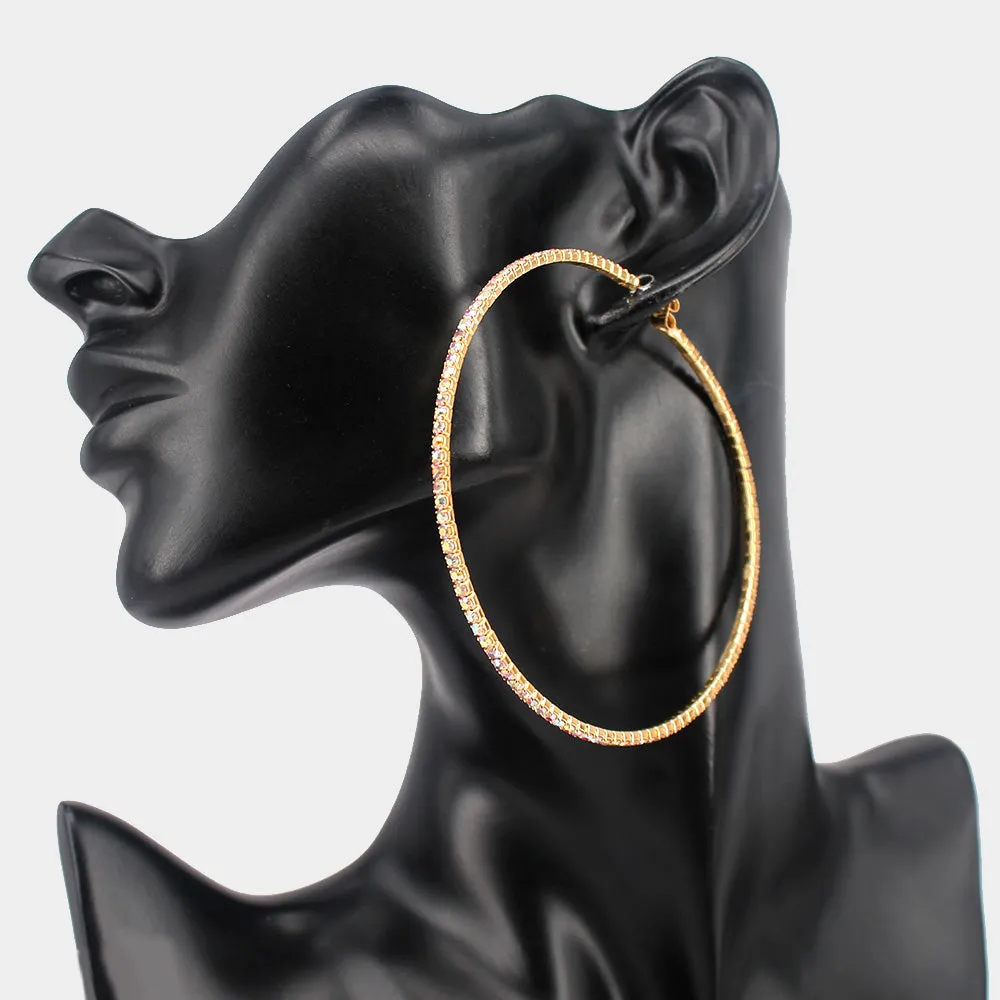 Large AB Rhinestone Hoop Earrings on Gold | 3" | 436652
