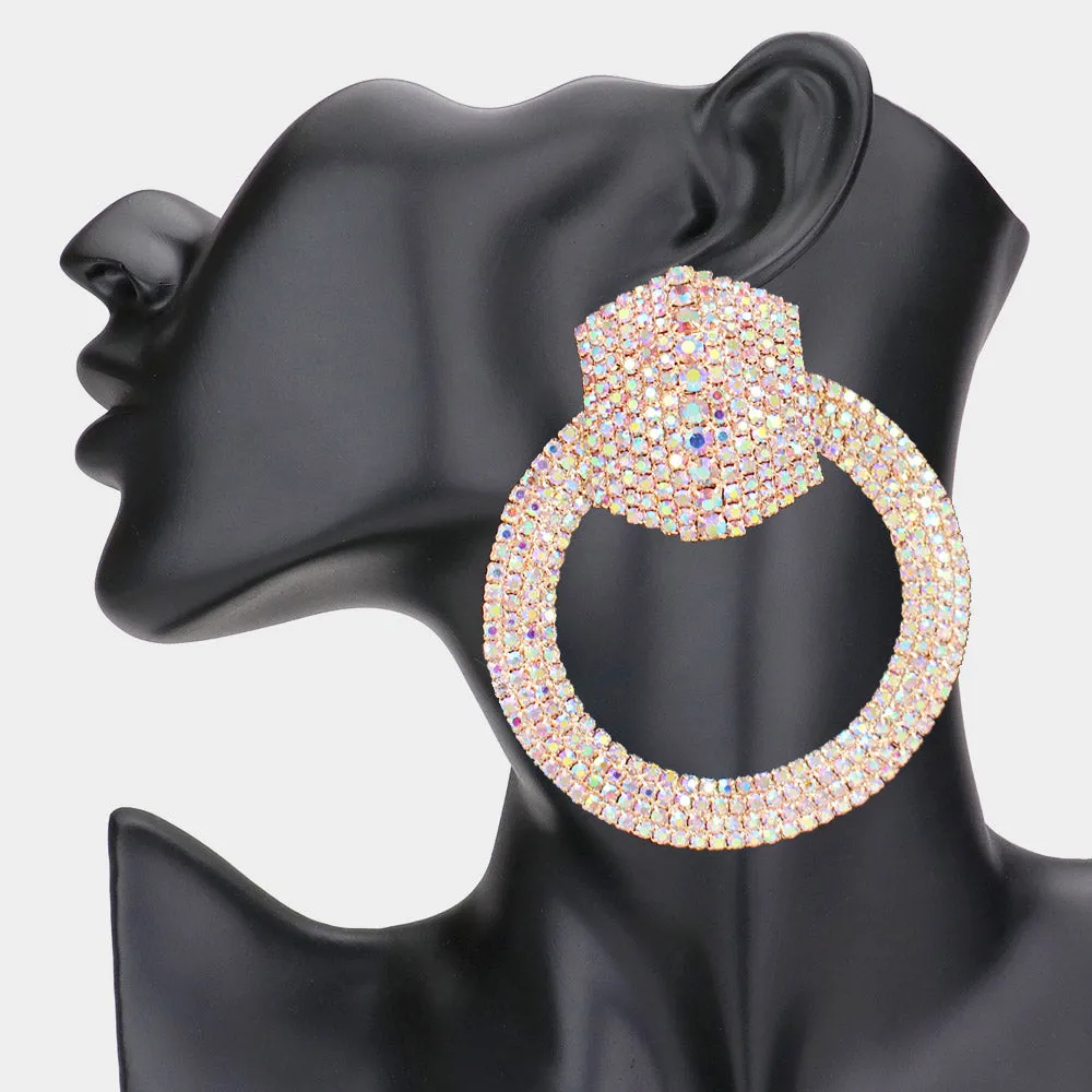 Large AB Rhinestone Pave Open Circle Pageant Earrings on Gold | 3.3" | 569541