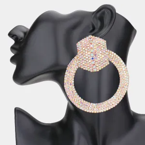 Large AB Rhinestone Pave Open Circle Pageant Earrings on Gold | 3.3" | 569541