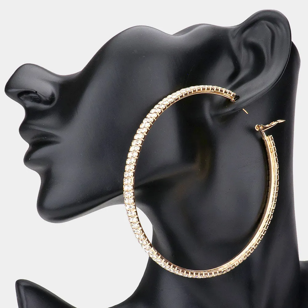 Large Clear Rhinestone Hoop Earrings on Gold | 3.5" | 540850