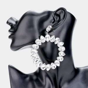 Large Clear Teardrop Round Pageant Earrings on Silver | 466548