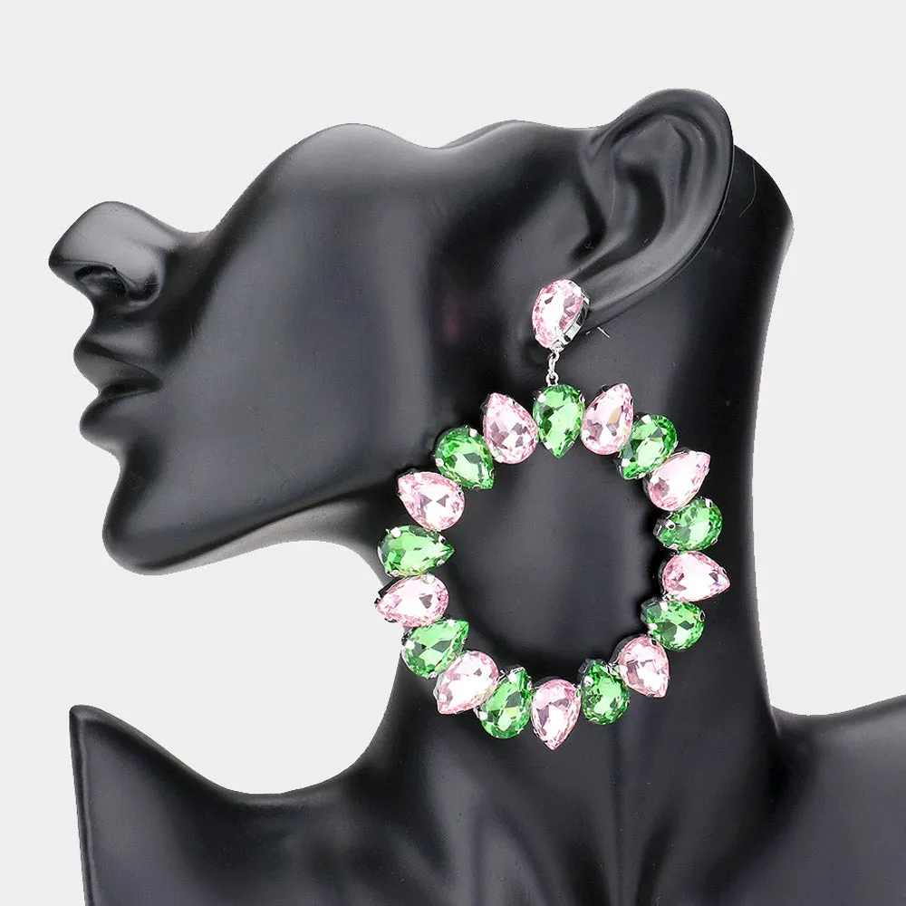 Large Pink & Green Crystal Teardrop Round Pageant Earrings  | 537257