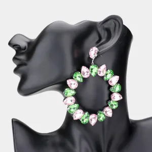 Large Pink & Green Crystal Teardrop Round Pageant Earrings  | 537257