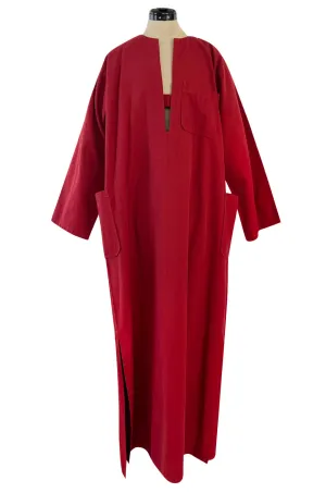 Late 1970s- Early 1980s Lanvin Rust Coloured Cotton Caftan Dress w Plunge Front & Side Pockets