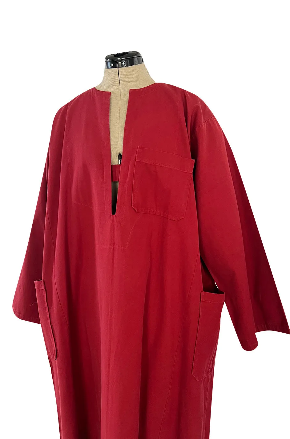 Late 1970s- Early 1980s Lanvin Rust Coloured Cotton Caftan Dress w Plunge Front & Side Pockets