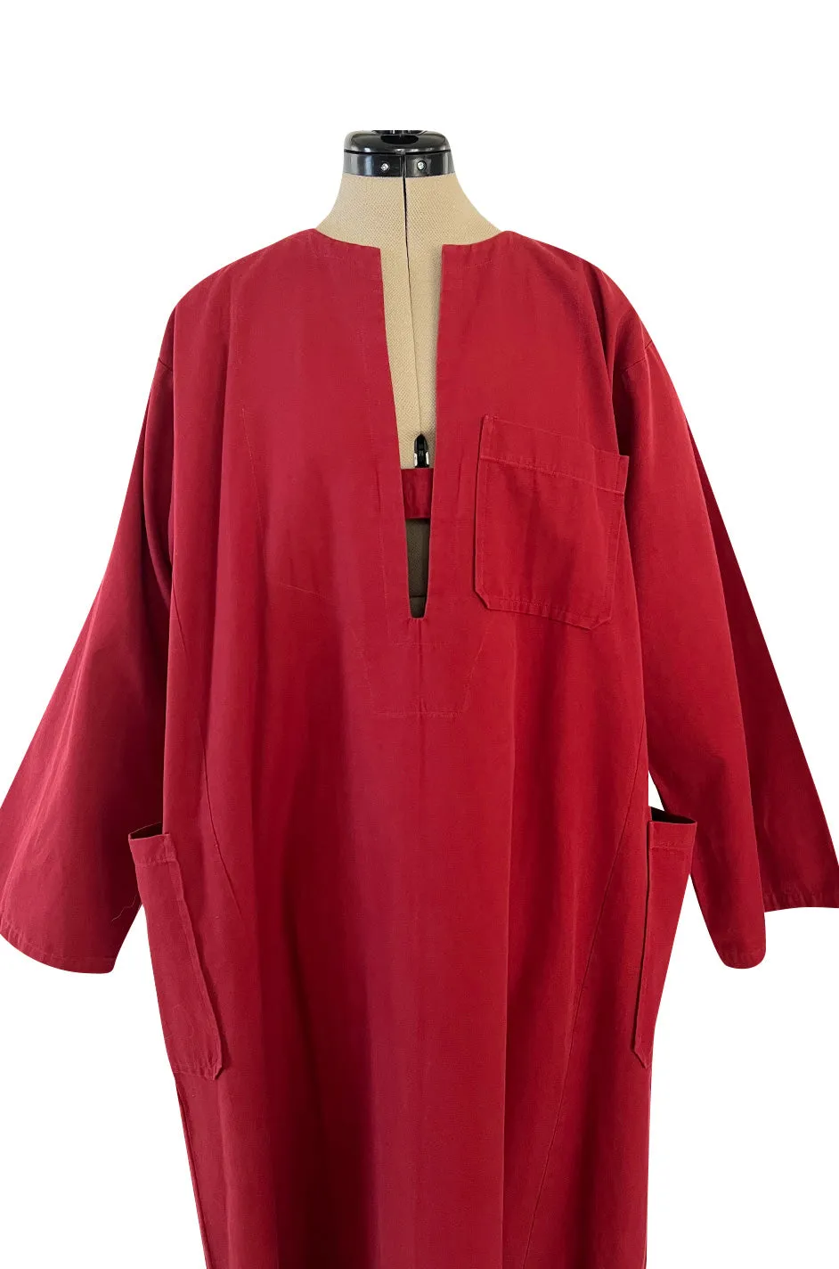 Late 1970s- Early 1980s Lanvin Rust Coloured Cotton Caftan Dress w Plunge Front & Side Pockets