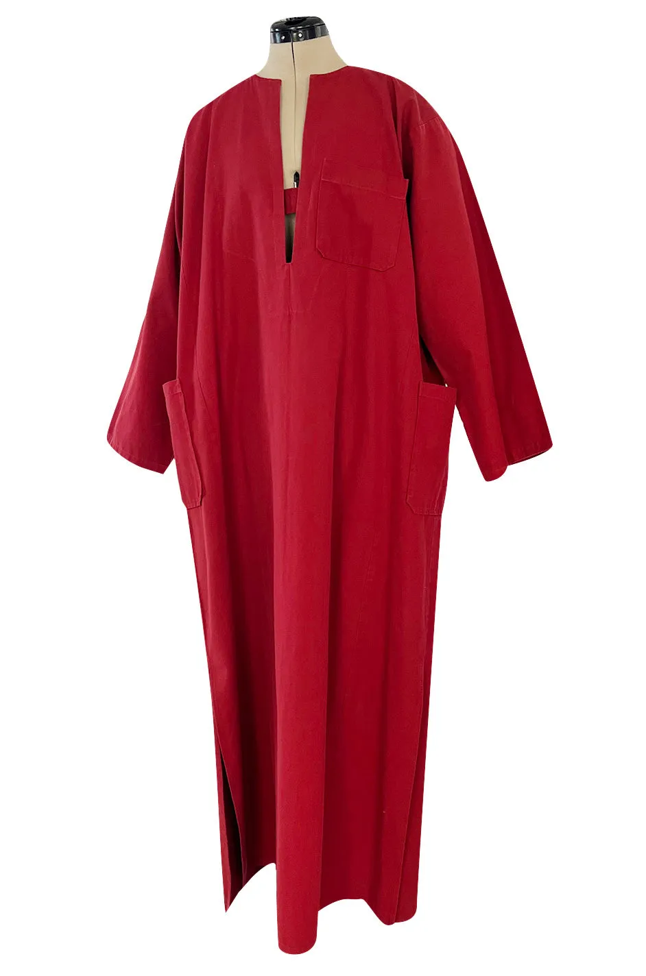 Late 1970s- Early 1980s Lanvin Rust Coloured Cotton Caftan Dress w Plunge Front & Side Pockets