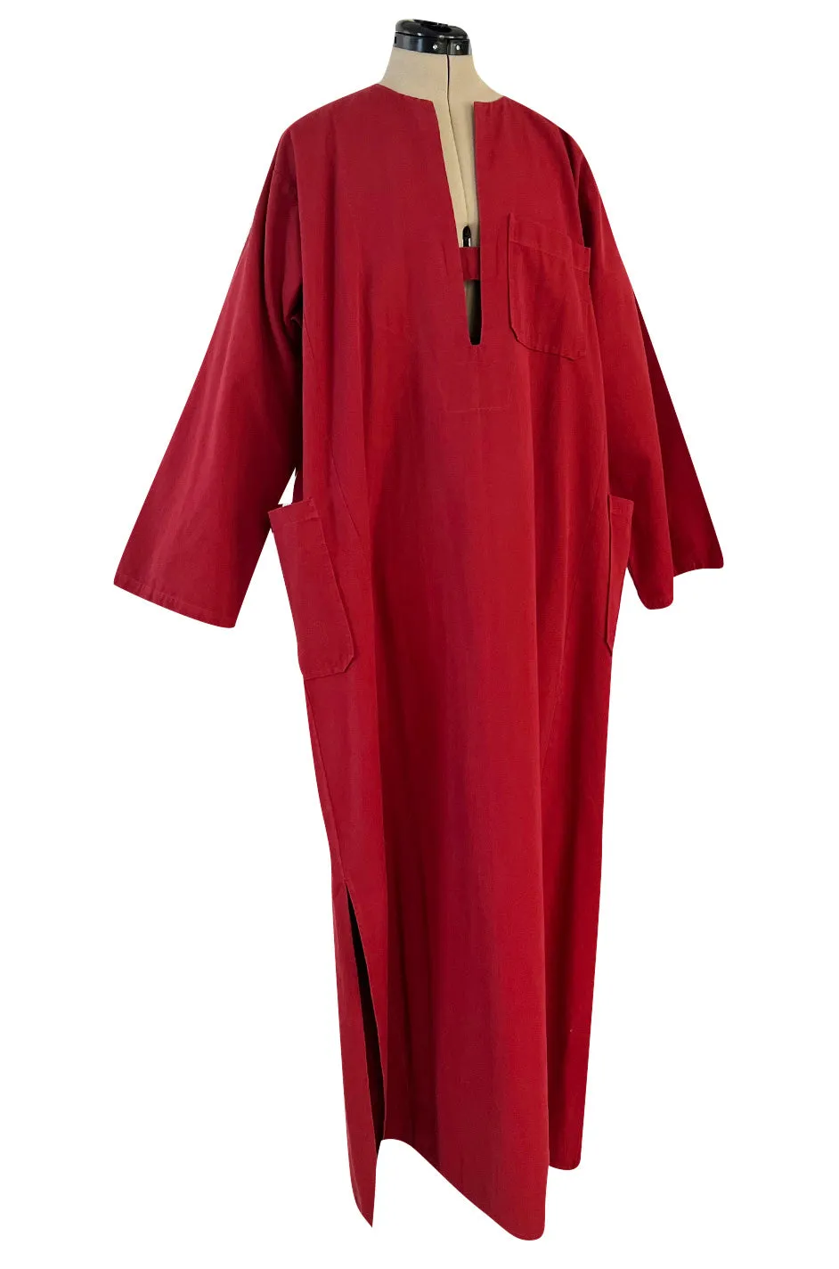 Late 1970s- Early 1980s Lanvin Rust Coloured Cotton Caftan Dress w Plunge Front & Side Pockets