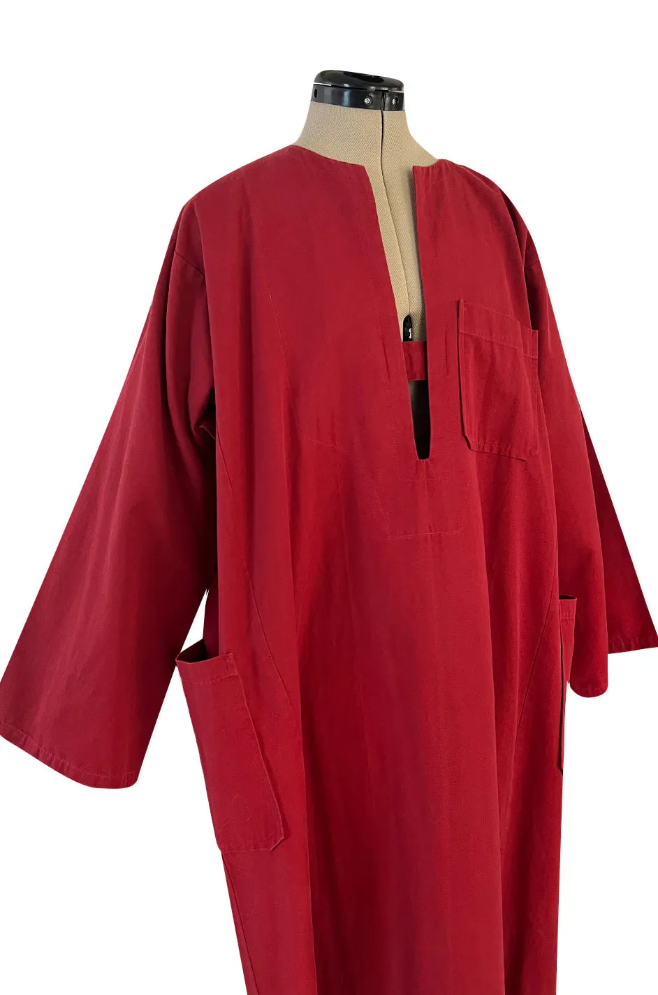 Late 1970s- Early 1980s Lanvin Rust Coloured Cotton Caftan Dress w Plunge Front & Side Pockets
