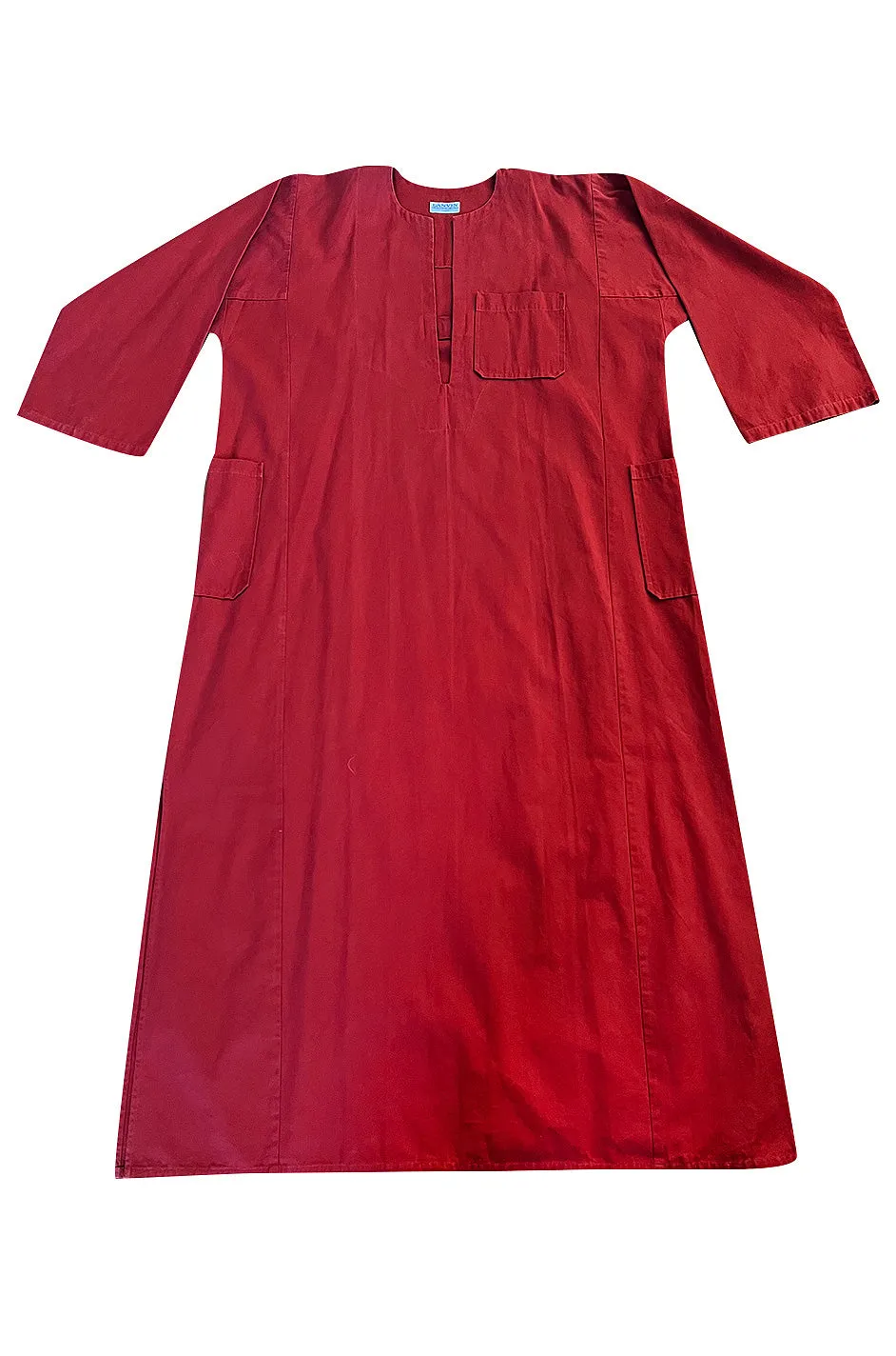 Late 1970s- Early 1980s Lanvin Rust Coloured Cotton Caftan Dress w Plunge Front & Side Pockets