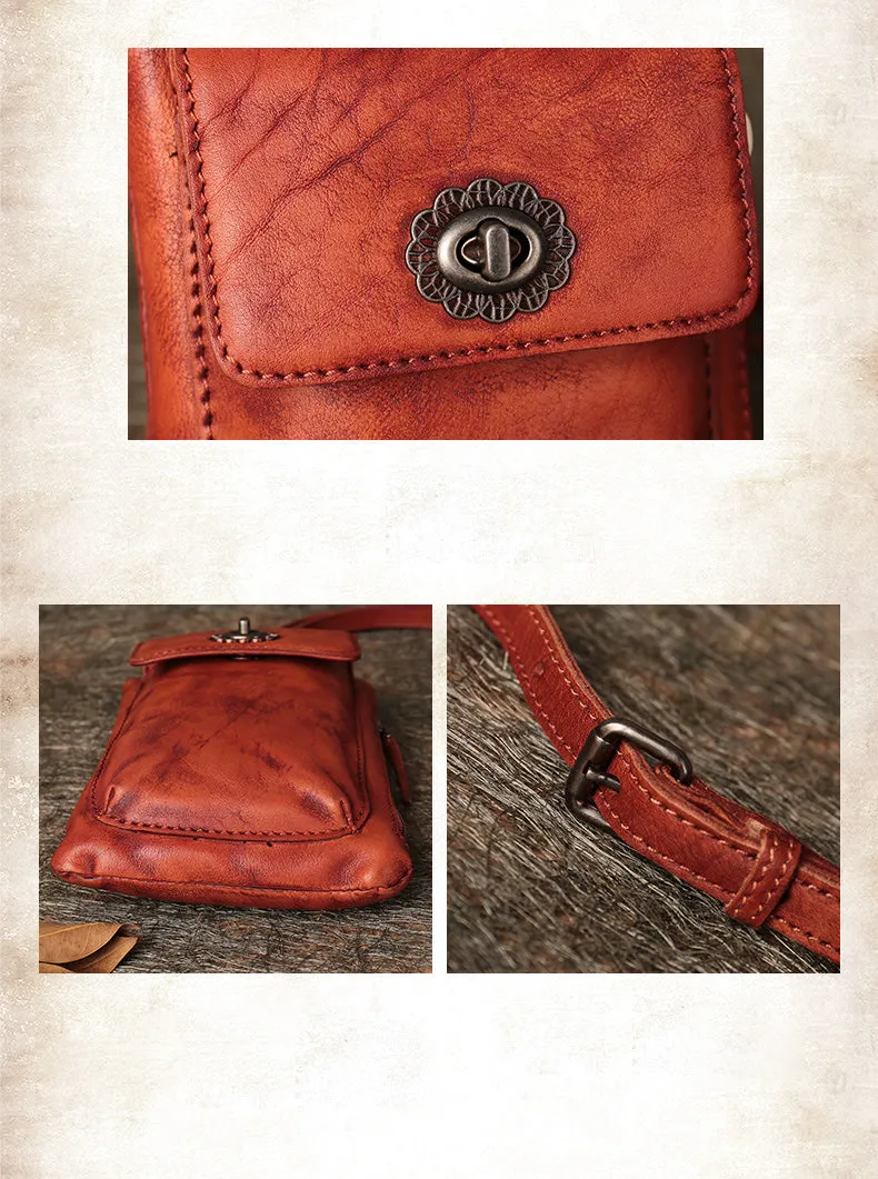 Leather Womens Phone Shoulder Bag Small Vertical Side Bag Handmade Crossbody Purse for Ladies