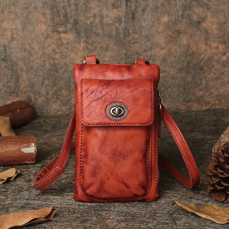Leather Womens Phone Shoulder Bag Small Vertical Side Bag Handmade Crossbody Purse for Ladies