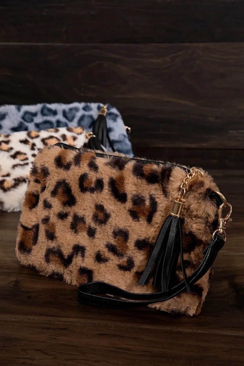Leopard print faux fur with detachable wristlet pouch bag