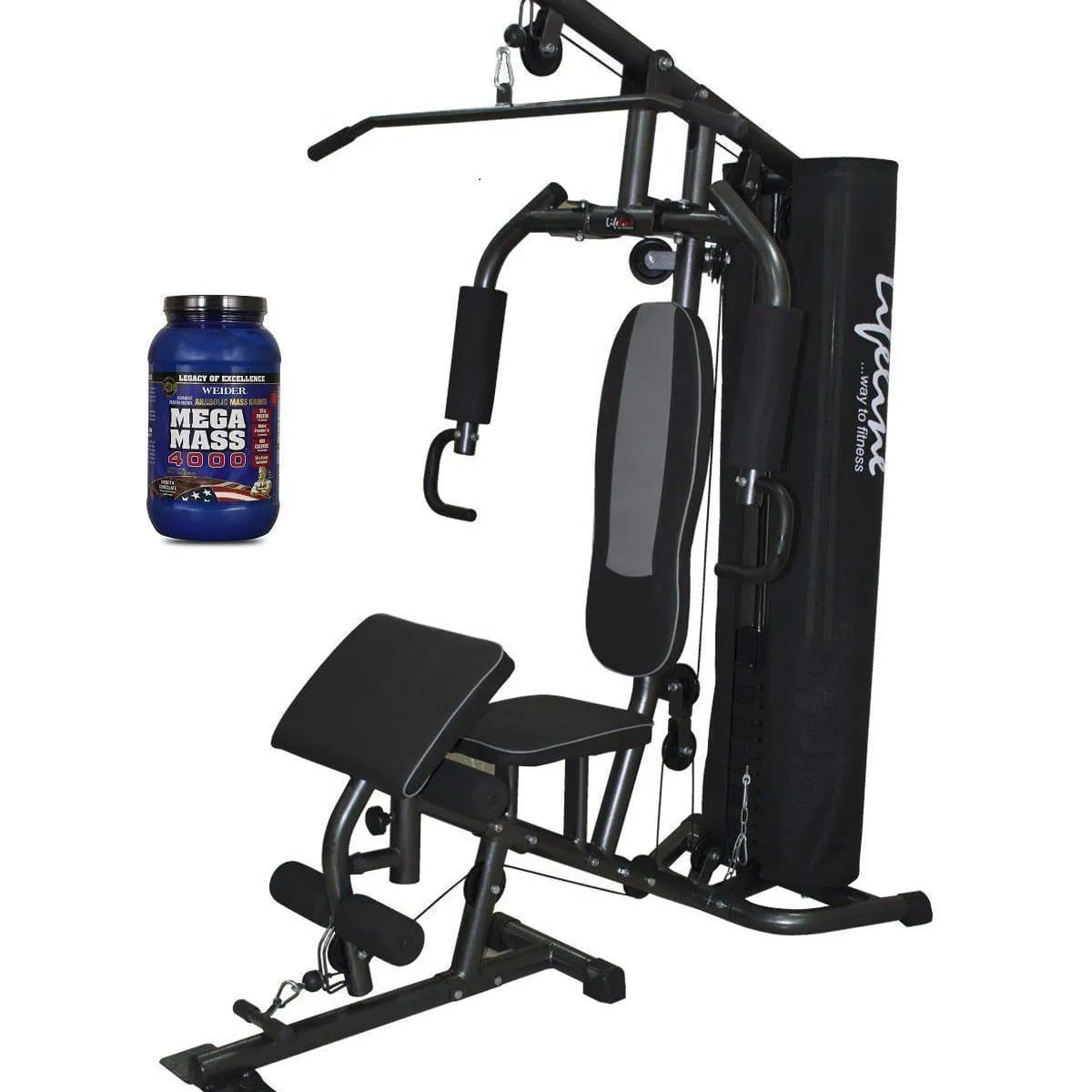 Lifeline Home Gym 005 Deluxe Bundles with Weider Mega Mass 4000 2.3 kg (Smooth Chocolate)